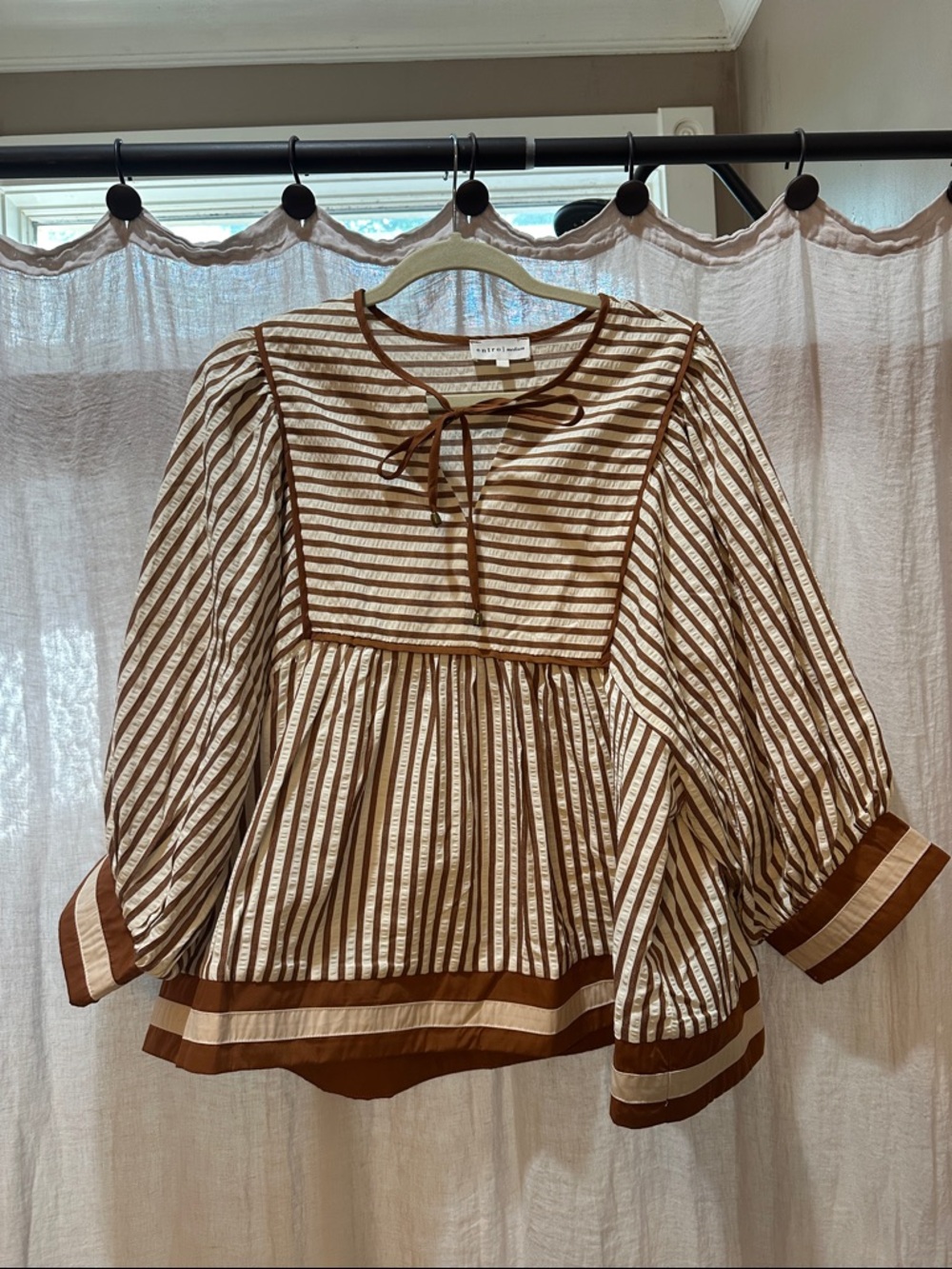 entro Cream & Brown Striped Peasant Top with Tie Yoke